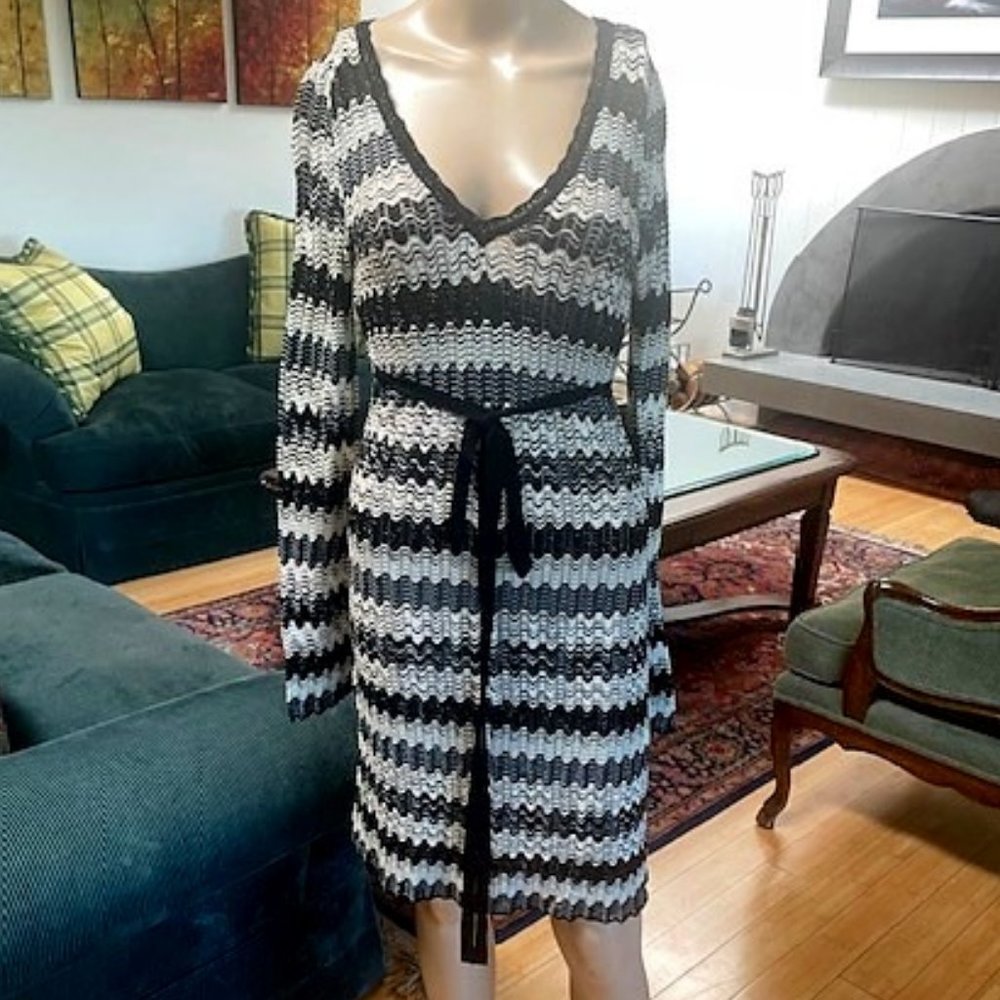 Missoni black, white and silver metallic chevron knit dress size 40